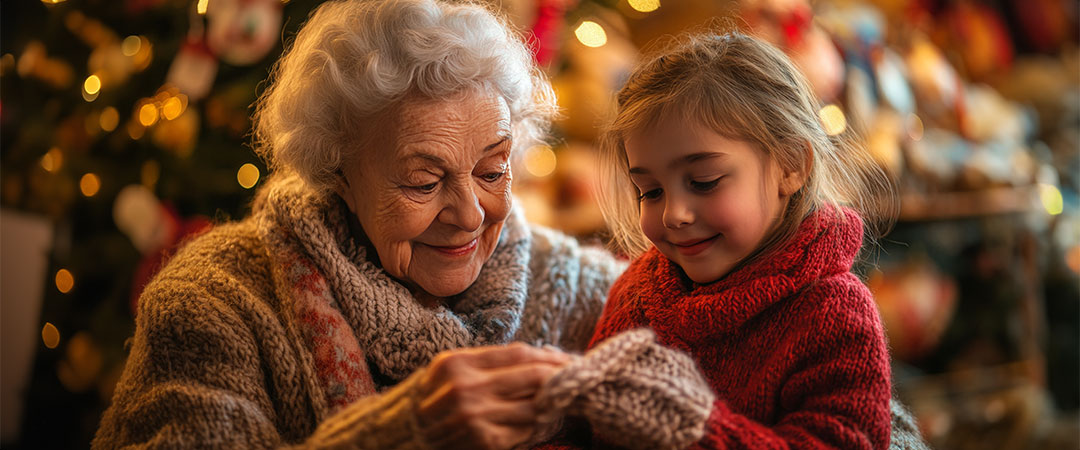 An elderly woman with her granddaughter sitting in front of a christmas tree looking at a gift and smiling.